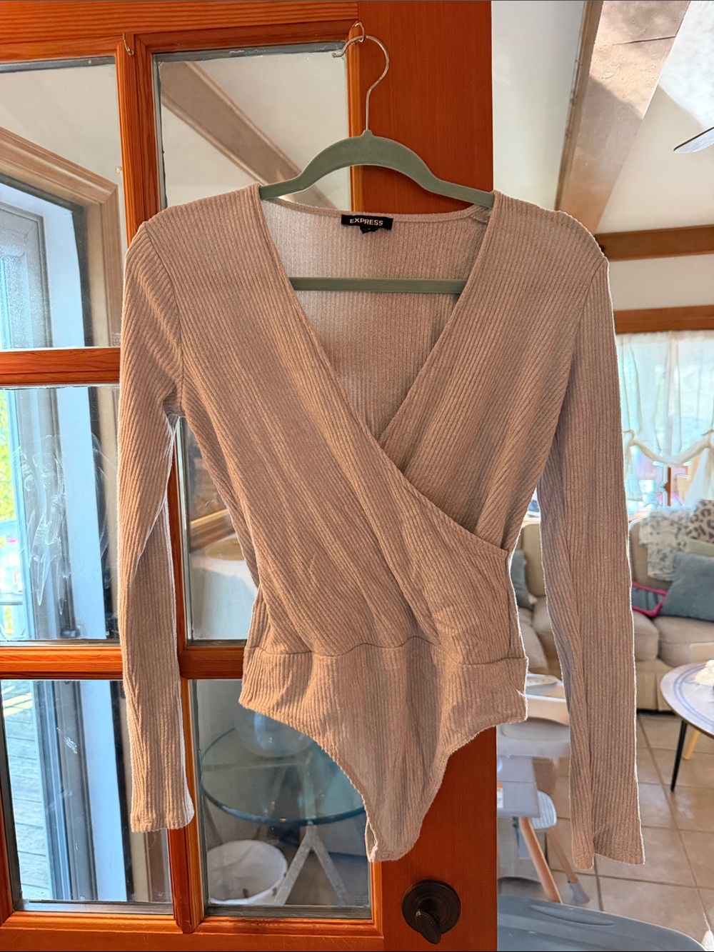 Express Ribbed Wrap Bodysuit in Gray